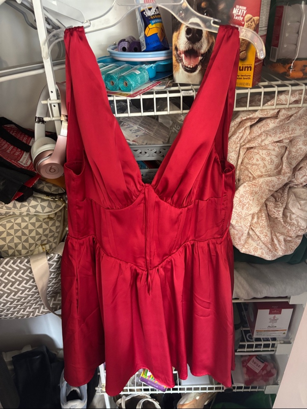 Red Satin V-Neck Flared Mini Dress